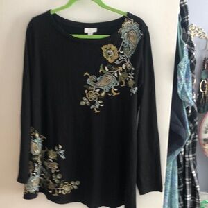 J. Jill Black Embellished Blouse with Green Accents